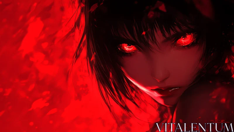 Scarlet gaze of the midnight girl, burning through shadowed red.