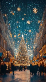 Crowd walks under dense Christmas lights toward central tree