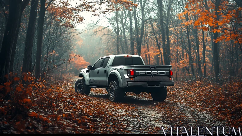 Ford pickup truck driving through quiet autumn forest trail.