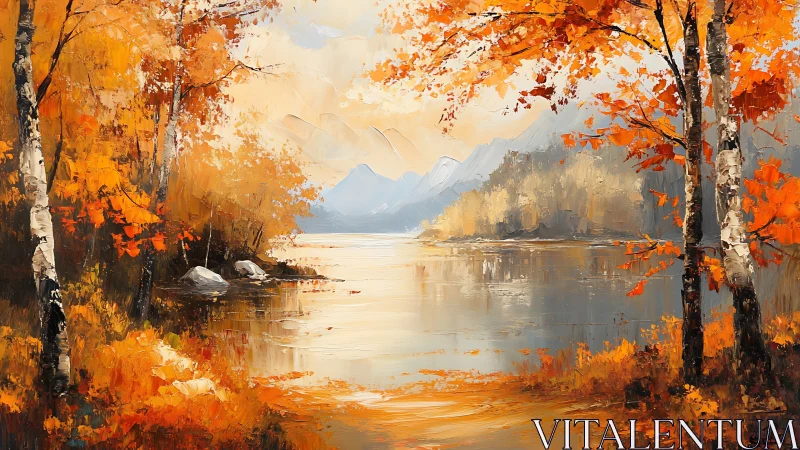 Autumn birch trees whisper quietly around a silver mountain lake