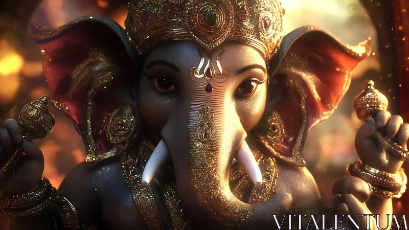 3D rendered Ganesha bust with jeweled crown and warm bokeh light
