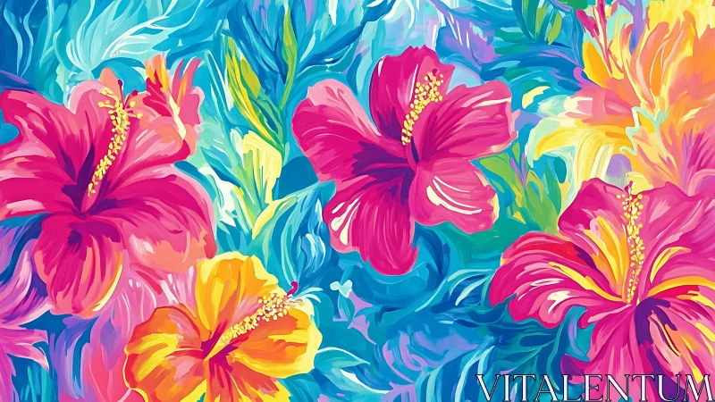 Vibrant Digital Hibiscus Garden with Dynamic Layered Floral Composition