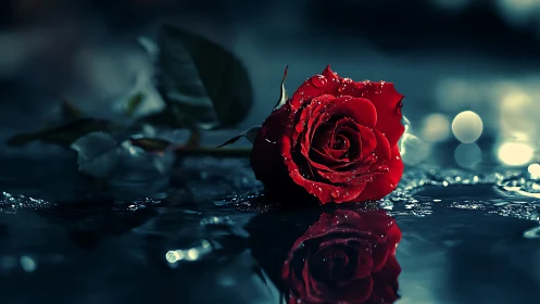 Crimson Rose With Dewdrops Reflected on Dark Water Surface