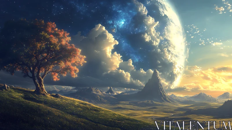 Majestic alien sky looms above tranquil golden valley.
