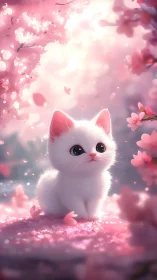 White kitten surrounded by glowing pink flowers and ethereal light particles