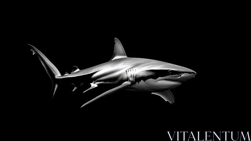 Silver shark gliding through a deep, inky ocean night.
