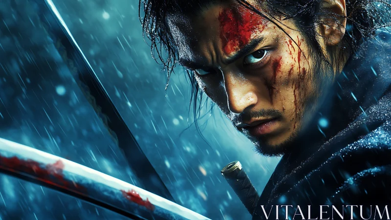 Bloodstreaked samurai glares through rainlit blue storm