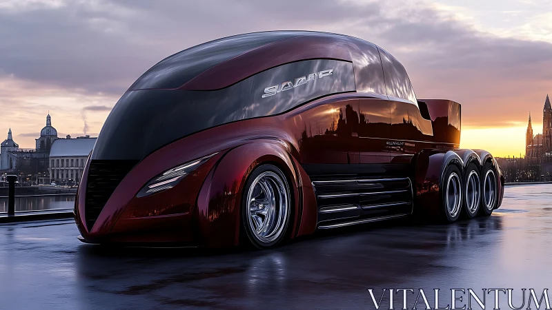Futuristic red semi-truck glides along a reflective riverside at dusk.