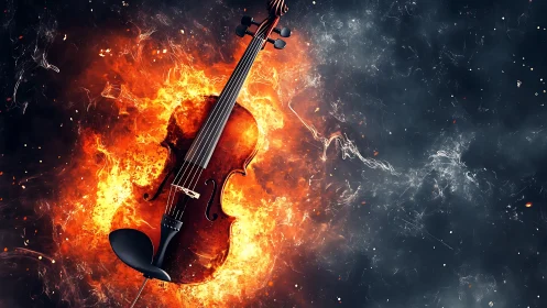 Fiery violin suspended in explosive orange flame field.