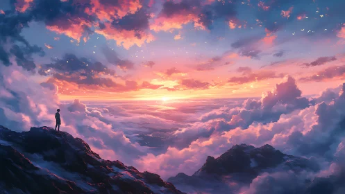 Solitary figure contemplates a radiant sunrise above the clouds