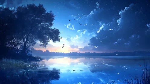 Twilight lake sky glows gently as stars wake above water