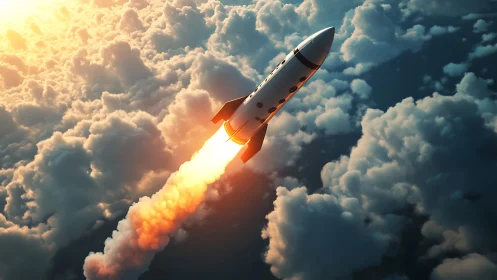 Rocket ascends through dense cloud layer under low sunlight