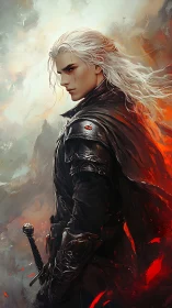 White-haired warrior stands in smoldering embers and storm