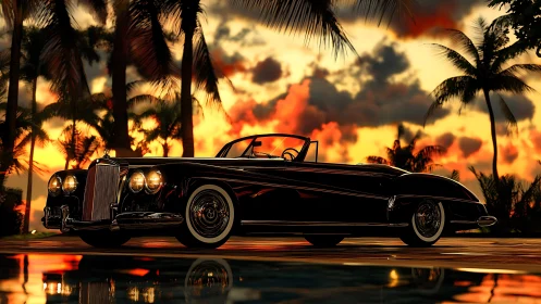 Classic black convertible rendered against dramatic tropical sunset