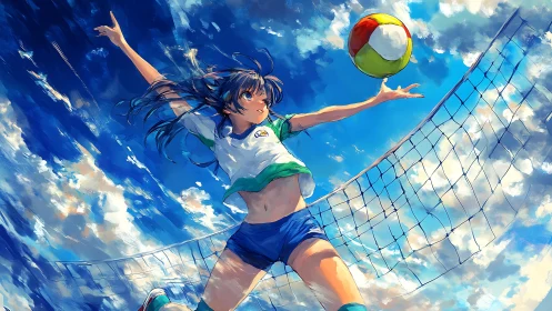 Female volleyball player jumping at outdoor net court scene.