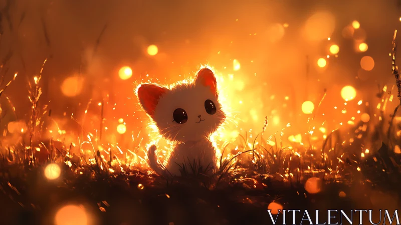 Backlit white kitten in glowing golden bokeh meadow at dusk