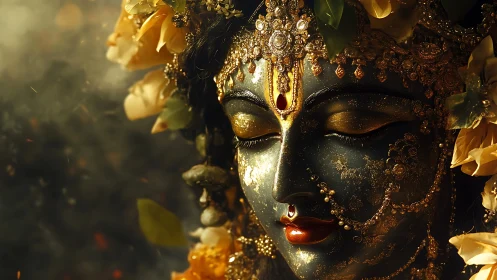 Ornate dark-toned deity face sculpture with floral adornment.