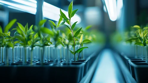Laboratory seedlings under cool LED horticultural lighting.