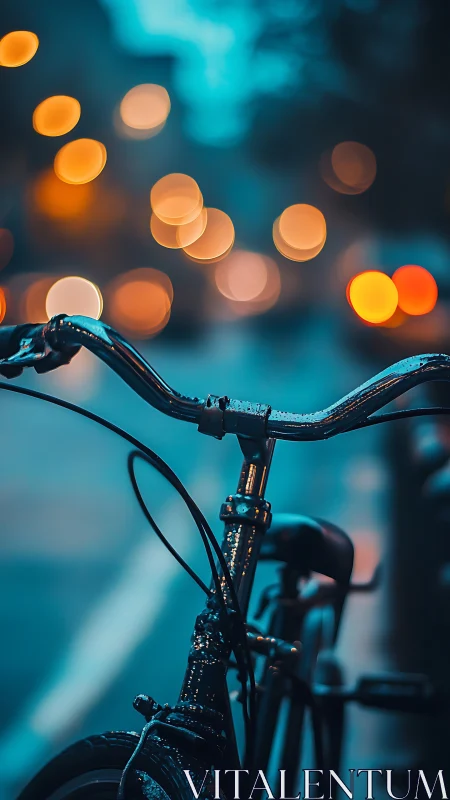 Urban Bicycle at Dusk: Bokeh Lights and Blurred Cityscape.