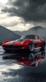 Red vintage race car reflects on wet mountain road