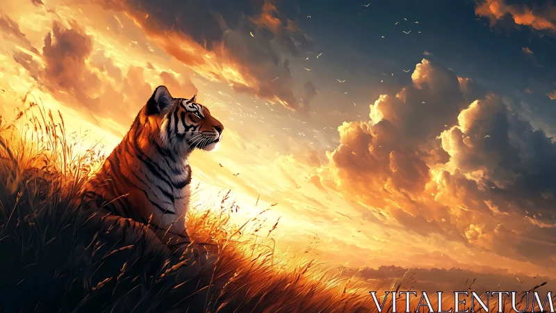 Majestic tiger watching blazing sunset over wild grassland.