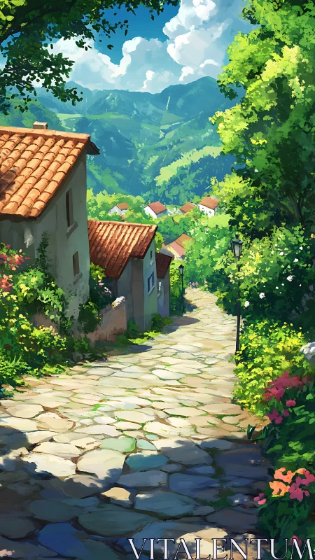 Sunlit village lane with mountains and stone path.