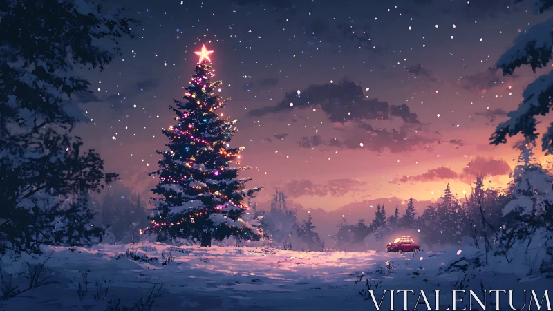 Snowy forest Christmas tree glows warmly at winter sunset