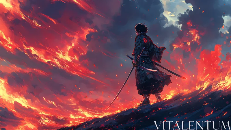 Lone samurai silhouette against incandescent storm sky at dusk.