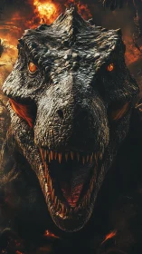 Ferocious dinosaur roars amid molten volcanic inferno.