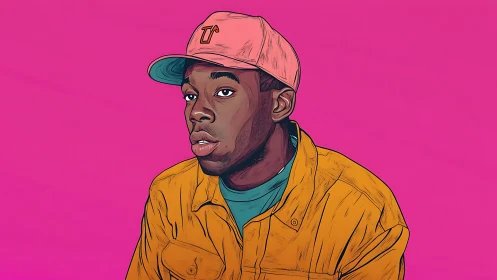 Muted gaze in mango jacket against electric pink hush.