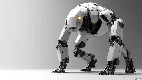 Quadrupedal white combat mech with illuminated optical core