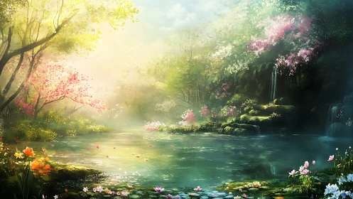 Sunlit spring forest pond shimmers beneath blooming trees