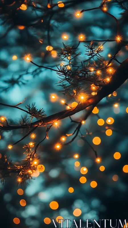 Golden fairy lights glow through moody teal forest dusk