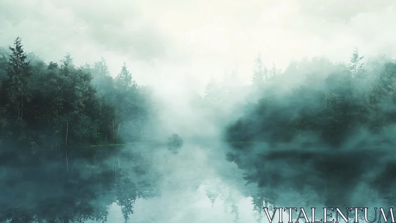 Dense forest shoreline is reflected in still fog-covered water