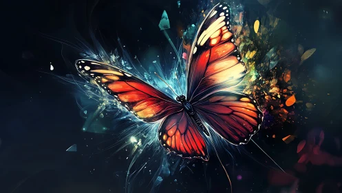 Digital butterfly rendering is shown with luminous abstract trails
