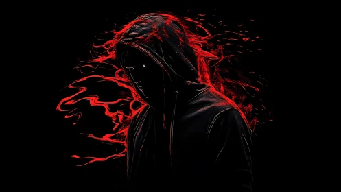 Hooded cyber-silhouette with red fluidic energy dispersion.