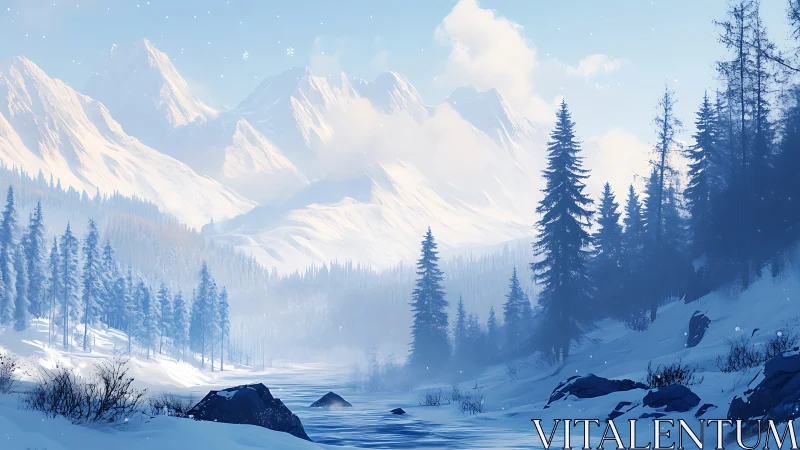 Glacial alpine river corridor under diffuse winter illumination.