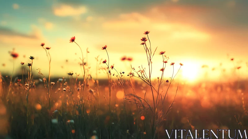 Wildflower silhouettes glow against expansive sunset field