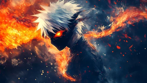 Flame-wreathed anime figure in dynamic high-contrast composition.