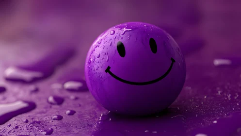 Wet purple smiley sphere under shallow depth-of-field lighting.