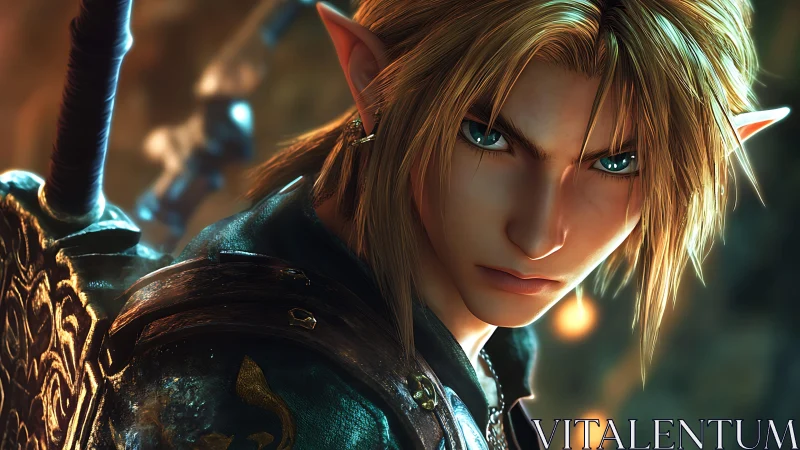 Elven swordsman rendered in high-fidelity 3D character closeup.