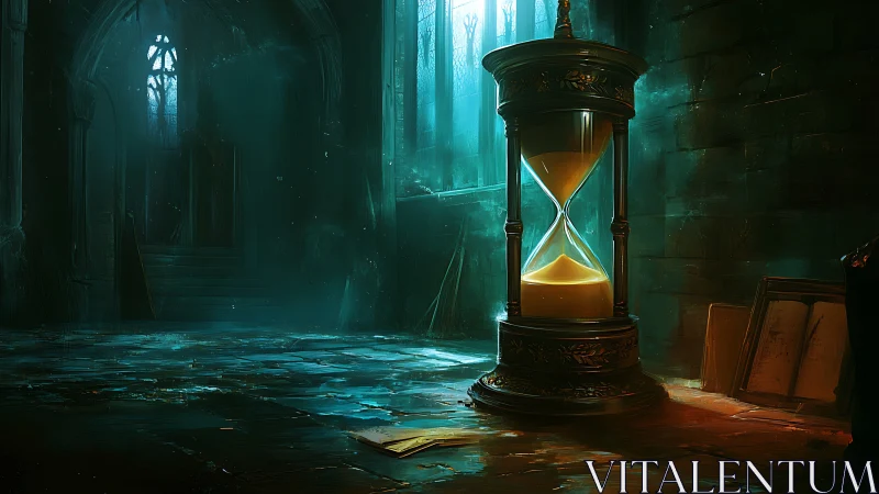 Gothic stone hall with luminous ornate hourglass centerpiece