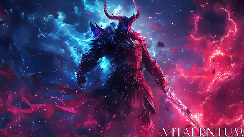 Celestial warlord strides through split nebula of fire and frost.