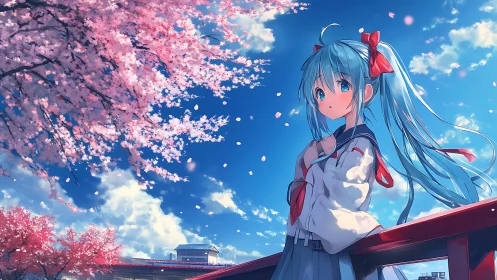 Blue haired schoolgirl stands beneath vivid cherry blossoms
