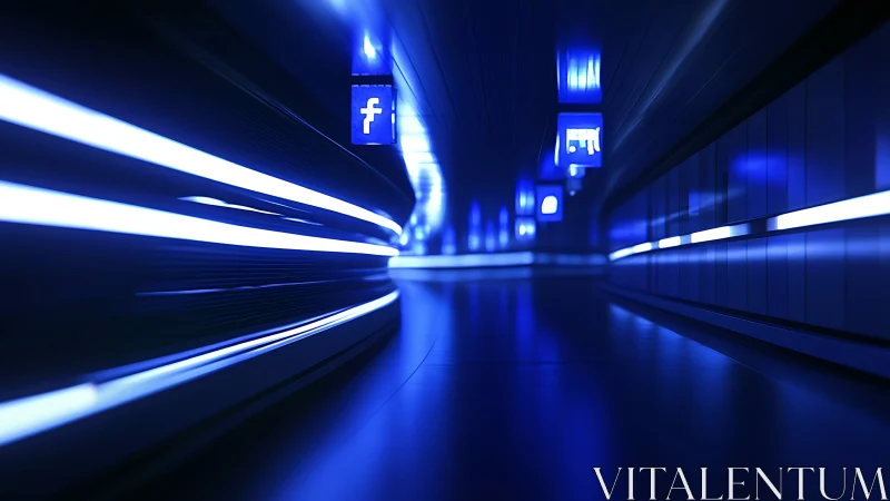 Futuristic blue corridor with social media signage elements.