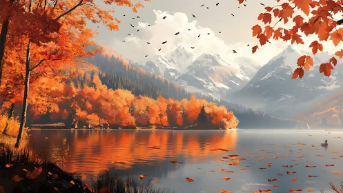 Autumn lake with orange forest and distant snowy peaks.