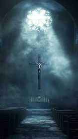 Luminous crucifix adrift in mist over a midnight cathedral.