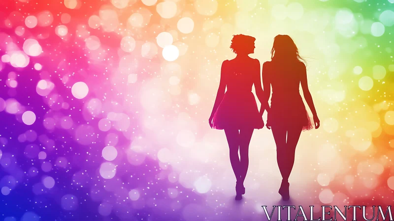 Silhouettes of two figures stand against a rainbow bokeh field