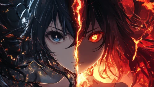 Dual elemental anime portrait split by fire and shadow.