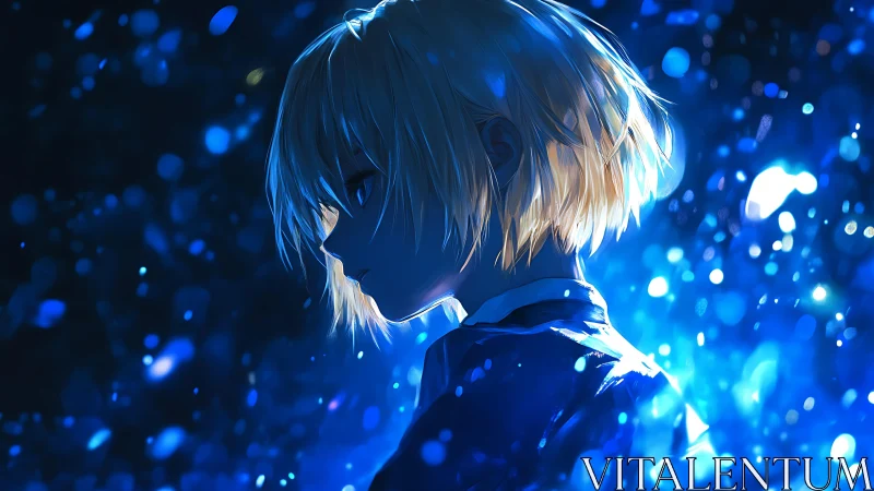 Blond anime character in blue glowing night scene.